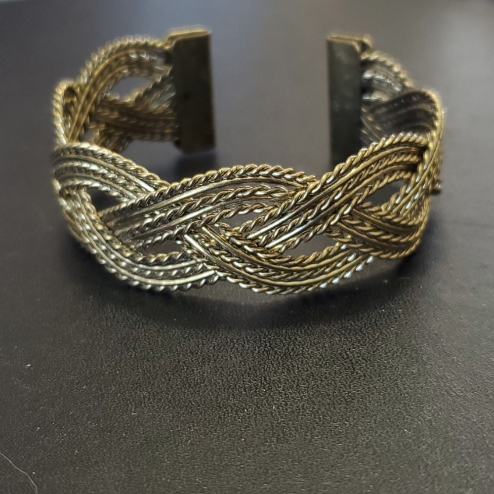 Gold tone braided cuff bracelet chunky textured